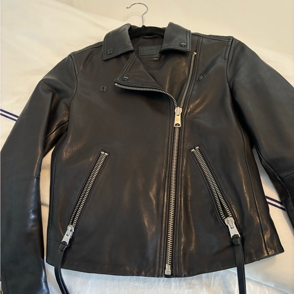 All Saints Black Leather Bomber Jacket with zippers - Picture 9 of 10